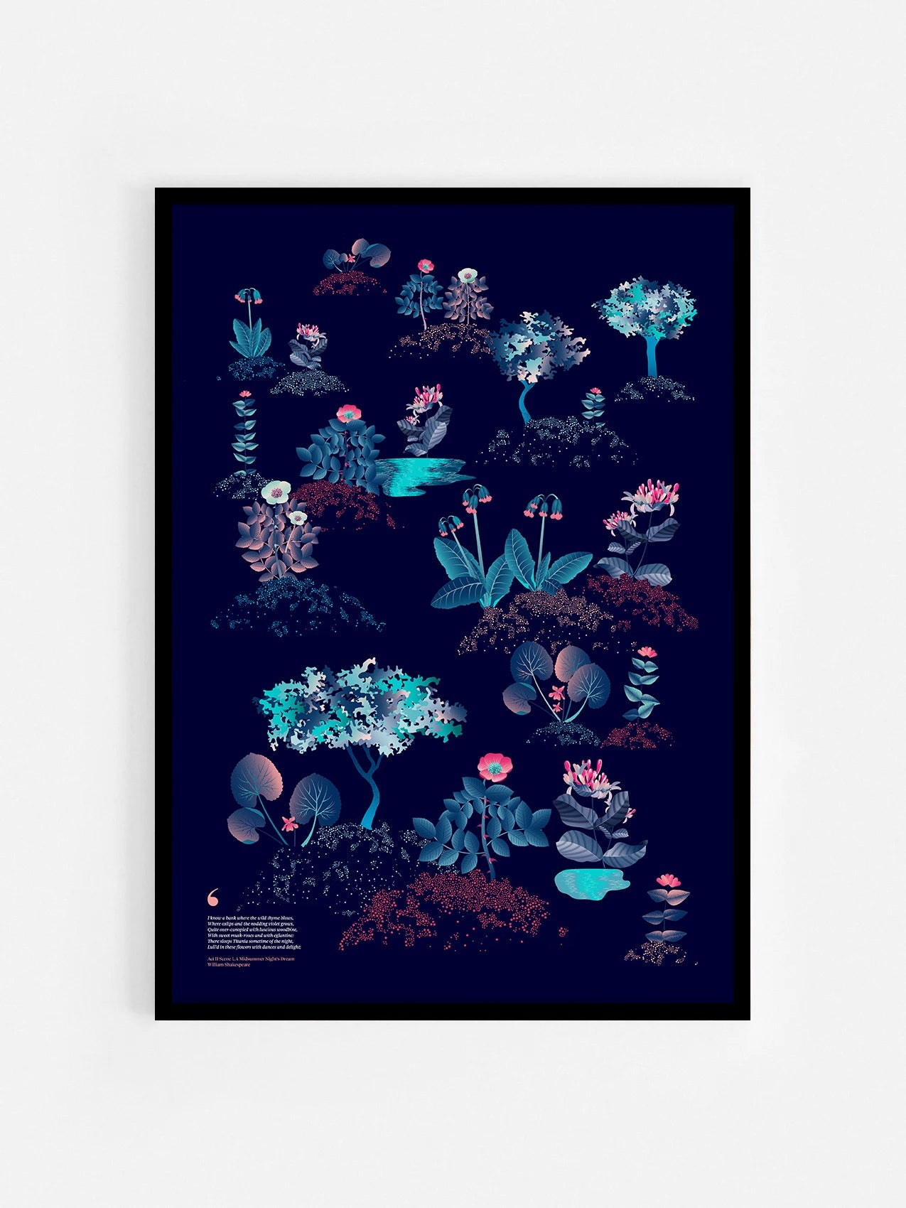 Floral art print 'Midsummer Forest' with ruby red, turquoise, and blue hues, inspired by Shakespeare's woodland - Black Frame.