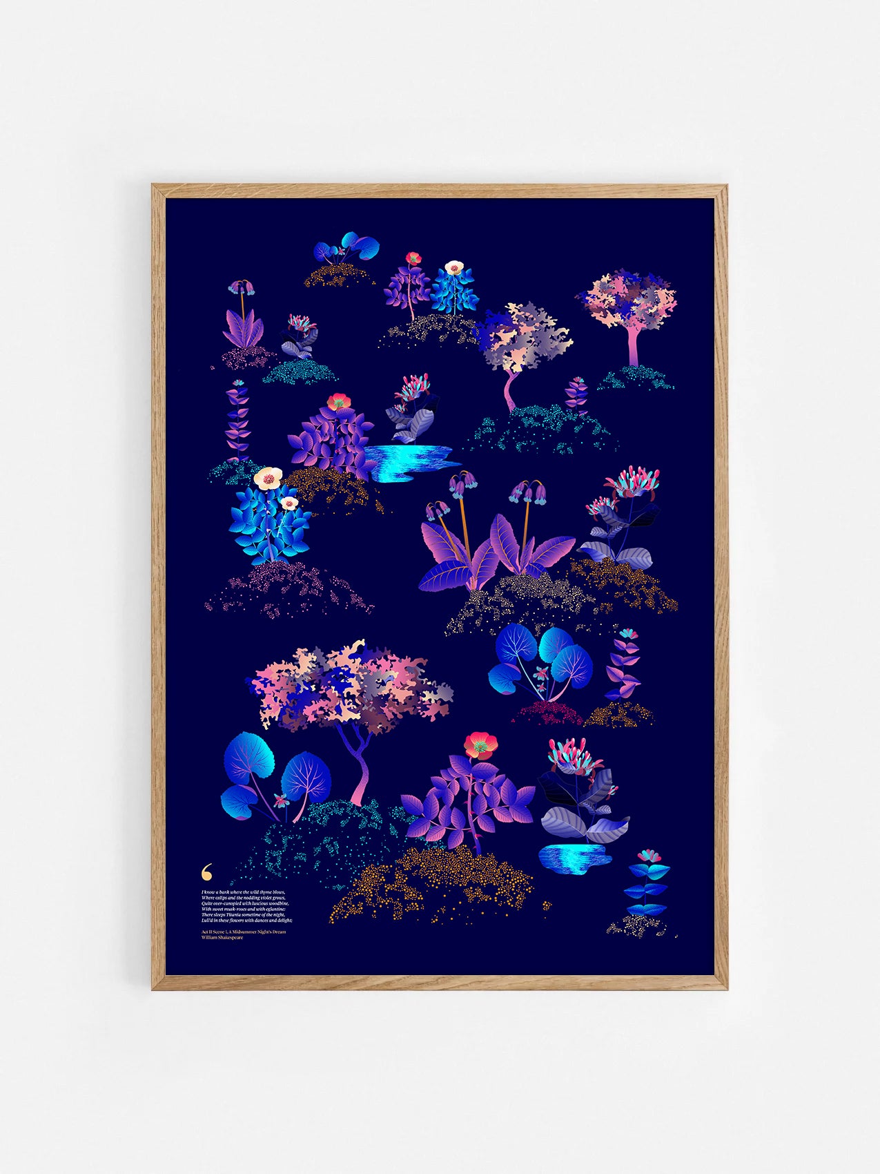 Floral art print 'Midsummer Forest' with electric blue, day-glow, and buttercup hues, inspired by Shakespeare's woodland - Oak Frame.