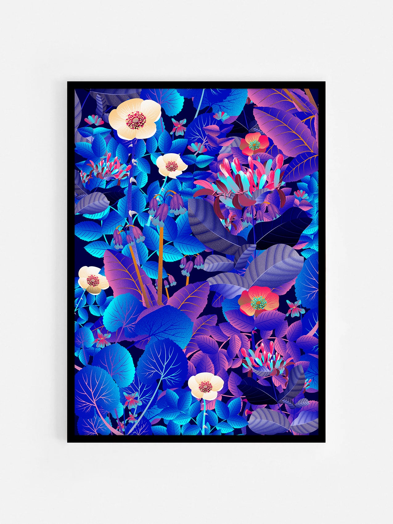 Floral art print 'Flower Fields' with electric blue, day-glow, and buttercup hues, inspired by Shakespeare's enchanted forest - Black Frame.
