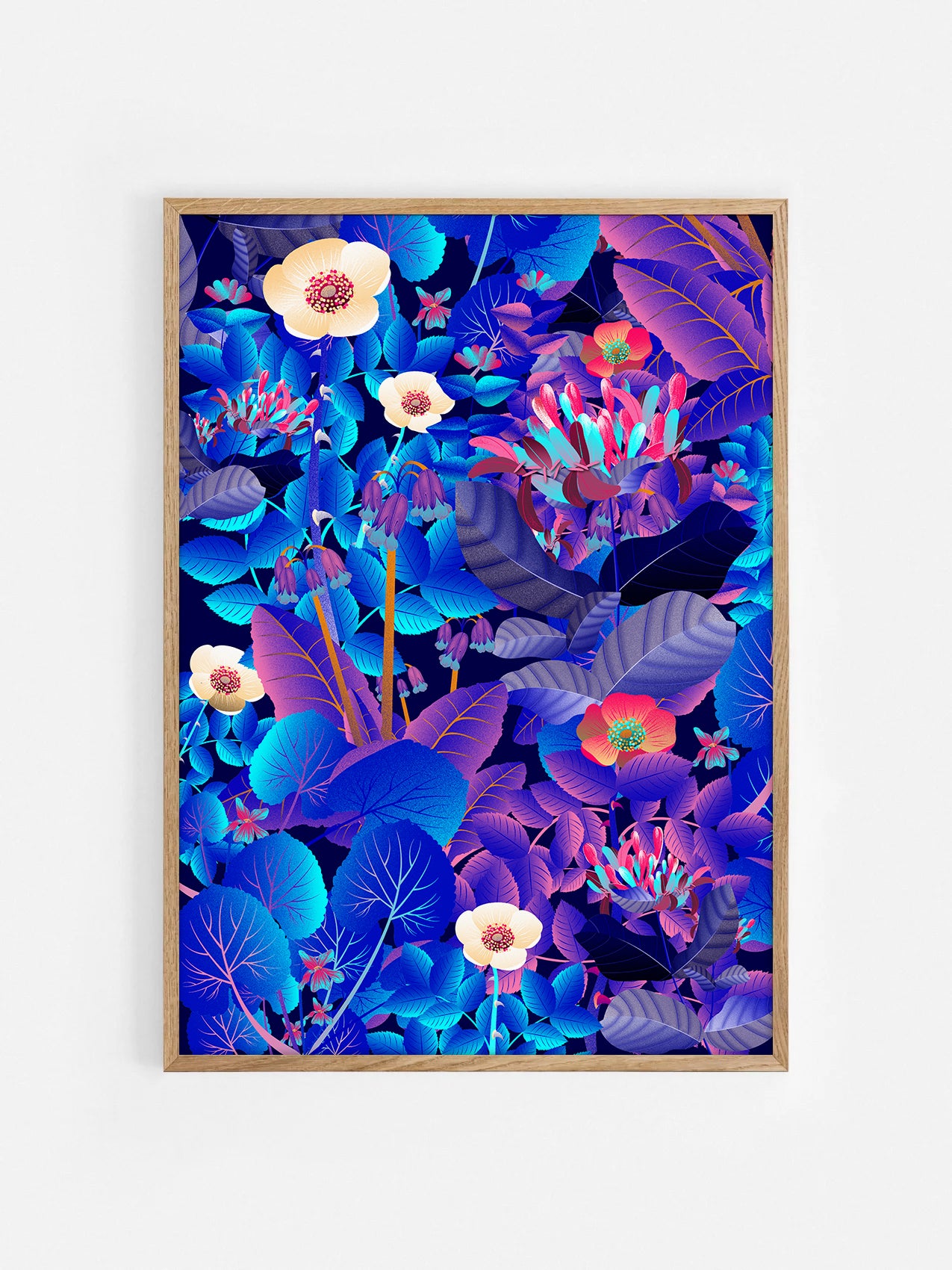 Floral art print 'Flower Fields' with electric blue, day-glow, and buttercup hues, inspired by Shakespeare's enchanted forest - Oak Frame.