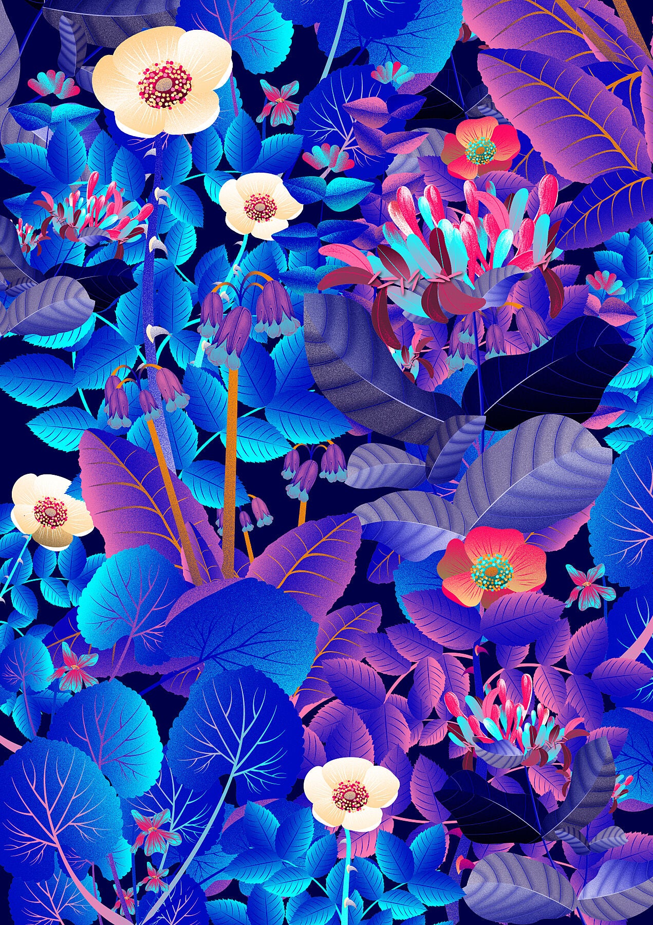 Floral art print 'Flower Fields' with electric blue, day-glow, and buttercup hues, inspired by Shakespeare's enchanted forest - Print Only.