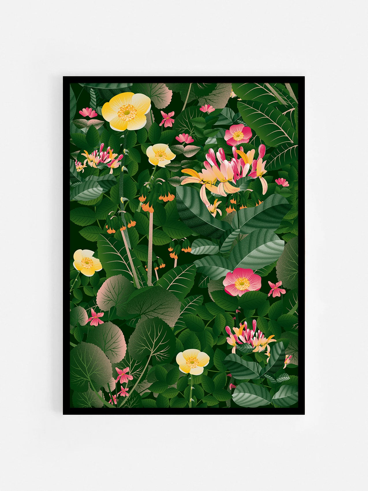 Floral art print 'Flower Fields' with forest green, saffron, and magenta hues, inspired by Shakespeare's enchanted forest - Black Frame.
