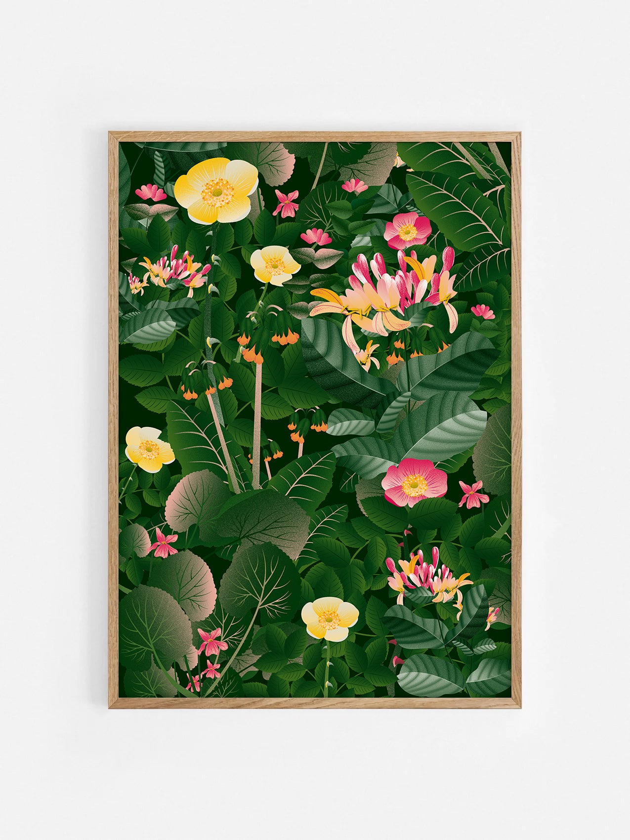 Floral art print 'Flower Fields' with forest green, saffron, and magenta hues, inspired by Shakespeare's enchanted forest - Oak Frame.
