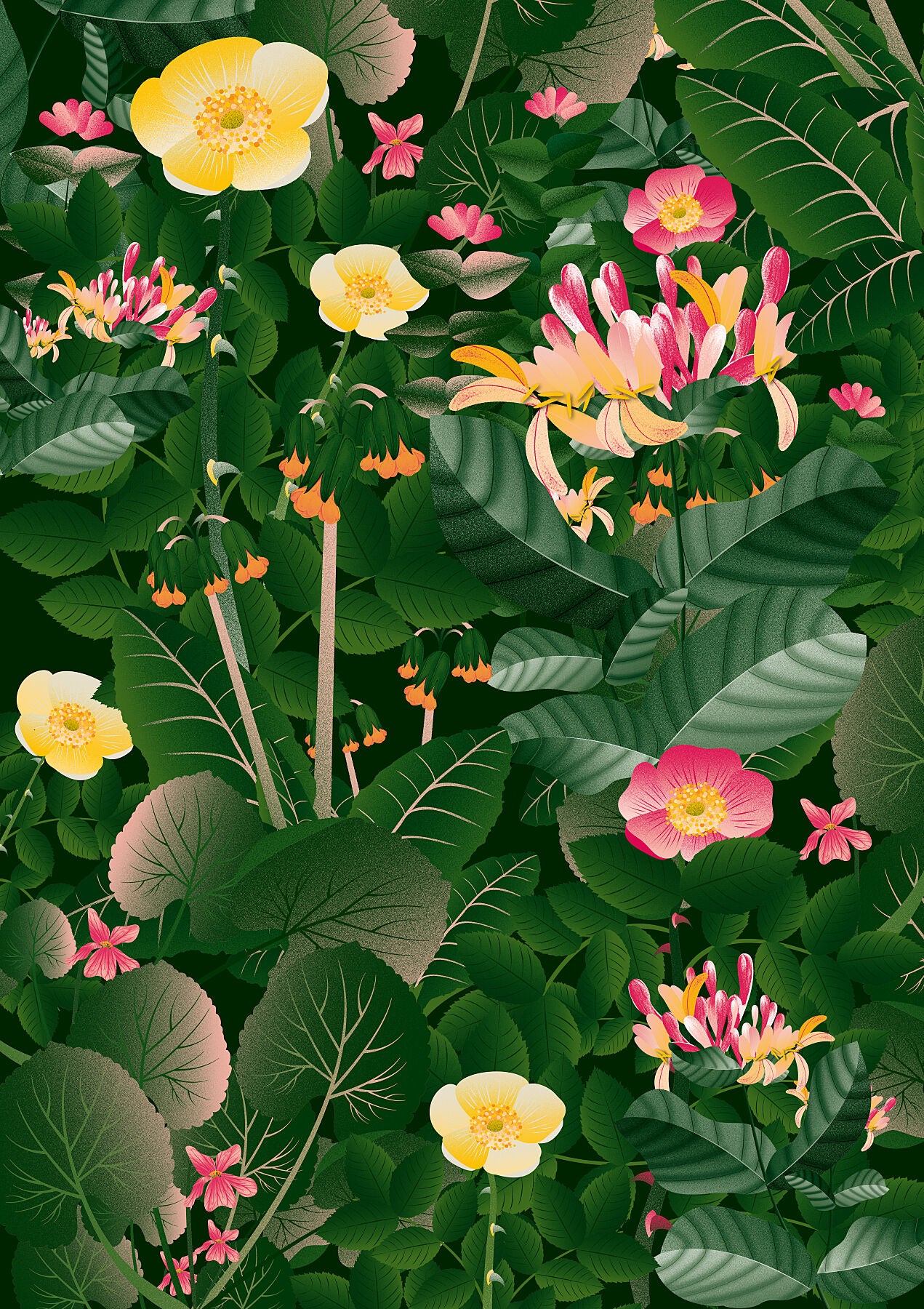 Floral art print 'Flower Fields' with forest green, saffron, and magenta hues, inspired by Shakespeare's enchanted forest - Print Only.