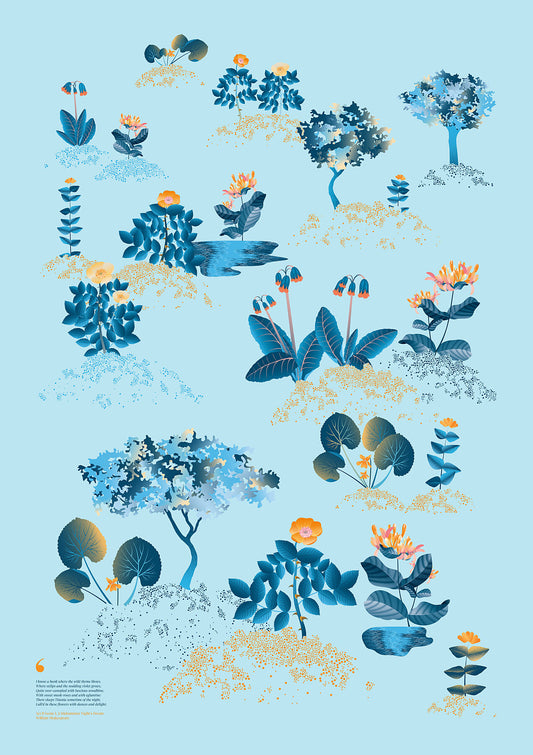 Floral art print 'Midsummer Forest' with blue, orange, and golden hues, inspired by Shakespeare's woodland - Print Only.