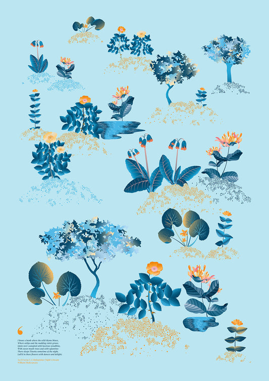 Floral art print 'Midsummer Forest' with blue, orange, and golden hues, inspired by Shakespeare's woodland - Print Only.