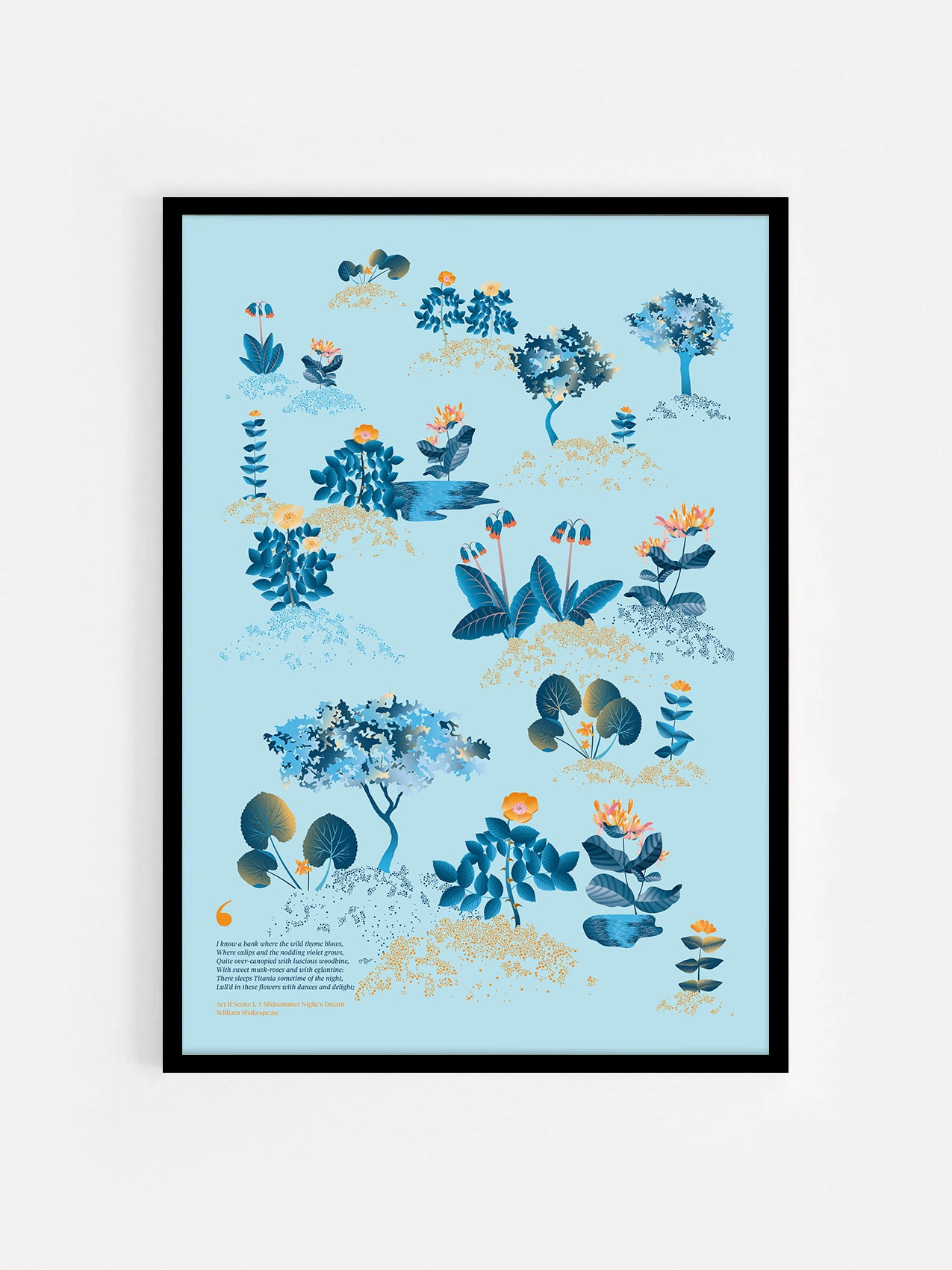 Floral art print 'Midsummer Forest' with blue, orange, and golden hues, inspired by Shakespeare's woodland - Black Frame.