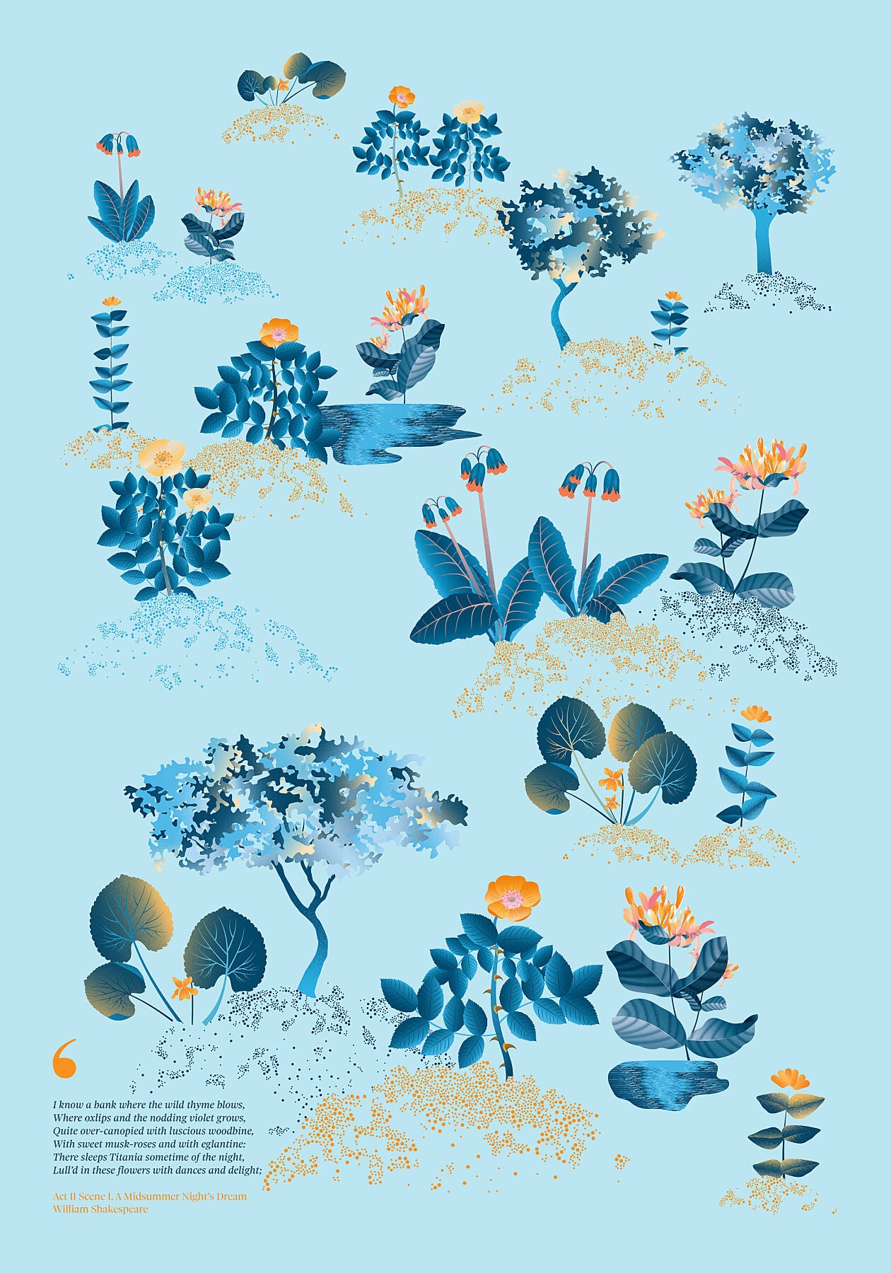 Floral art print 'Midsummer Forest' with blue, orange, and golden hues, inspired by Shakespeare's woodland - Print Only.