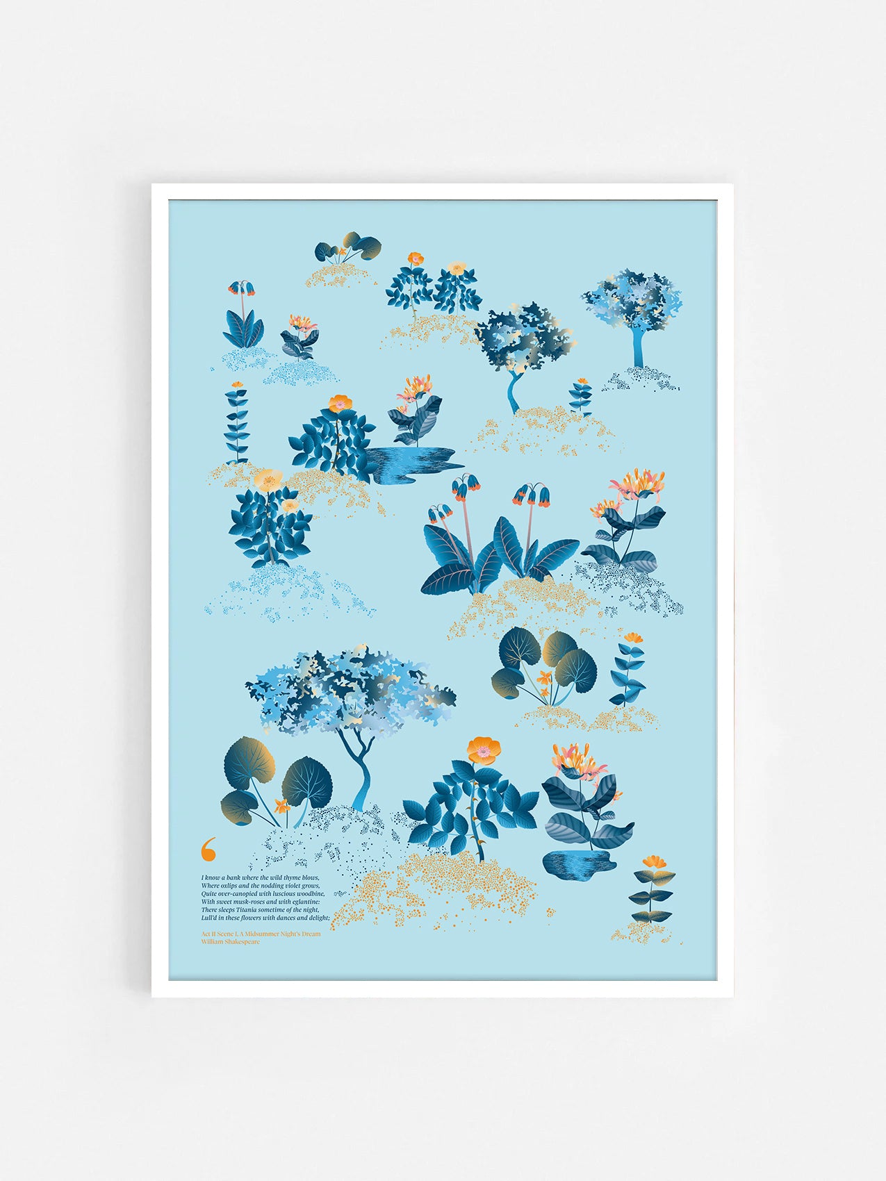 Floral art print 'Midsummer Forest' with blue, orange, and golden hues, inspired by Shakespeare's woodland - White Frame.