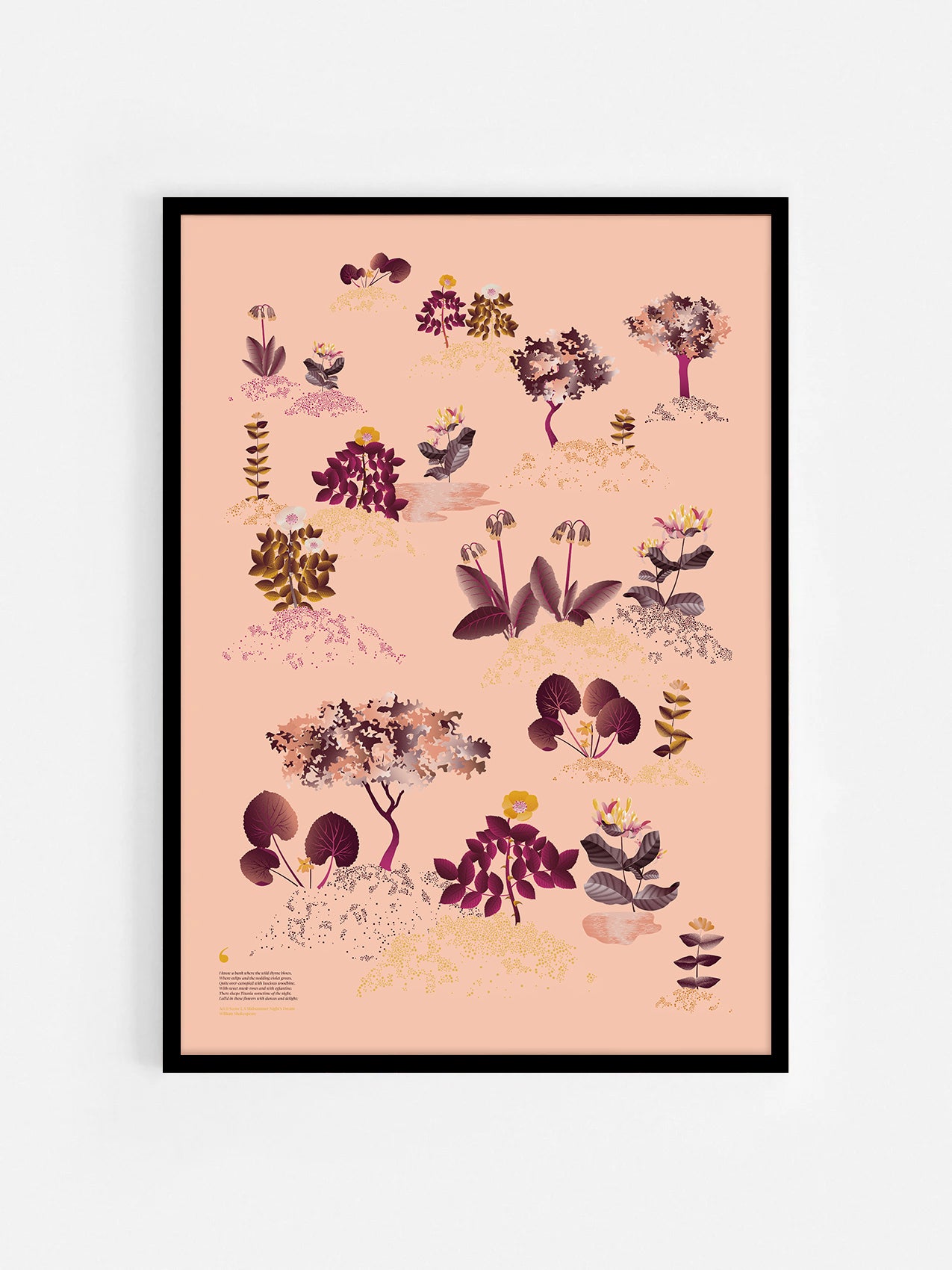 Floral art print 'Midsummer Forest' with aubergine, rose, and orange hues, inspired by Shakespeare's woodland - Black Frame.