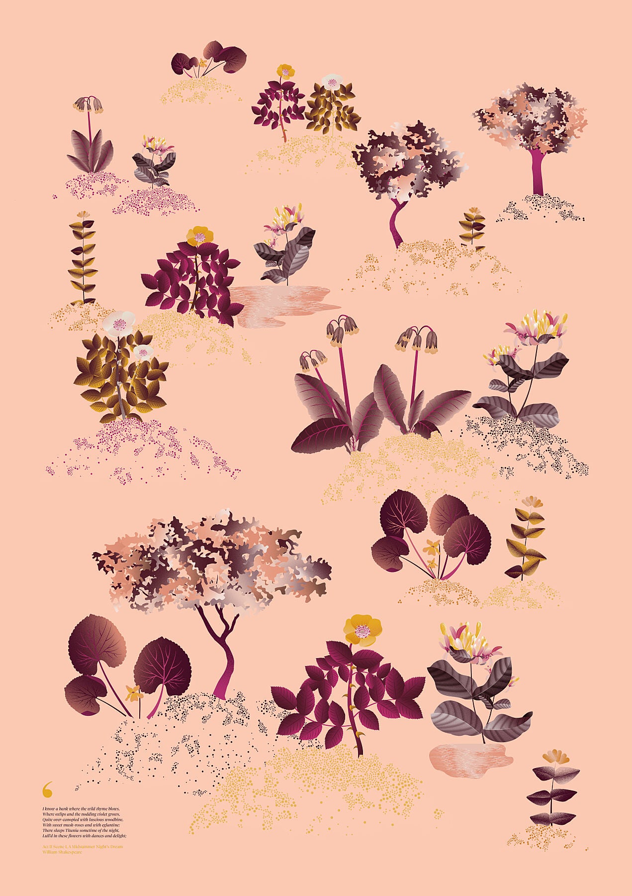 Floral art print 'Midsummer Forest' with aubergine, rose, and orange hues, inspired by Shakespeare's woodland - Print Only.