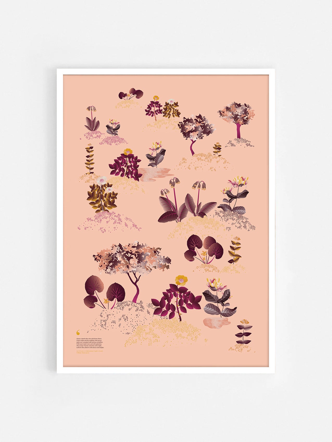 Floral art print 'Midsummer Forest' with aubergine, rose, and orange hues, inspired by Shakespeare's woodland - White Frame.
