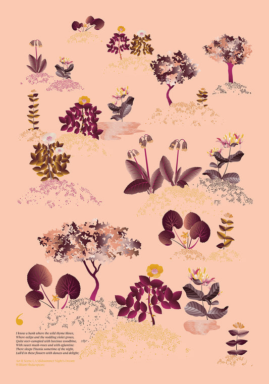 Floral art print 'Midsummer Forest' with aubergine, rose, and orange hues, inspired by Shakespeare's woodland - Print Only.