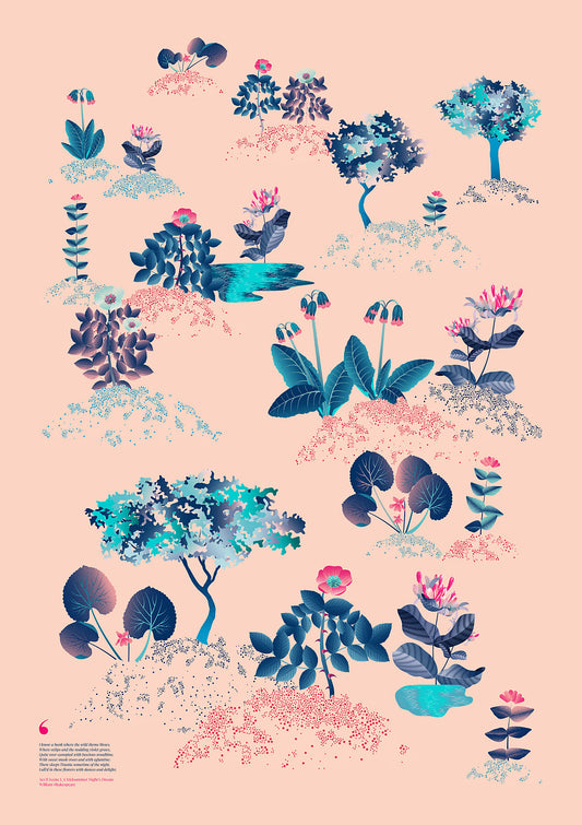Floral art print 'Midsummer Forest' with ruby red, turquoise, and blue hues, inspired by Shakespeare's woodland - Print Only.