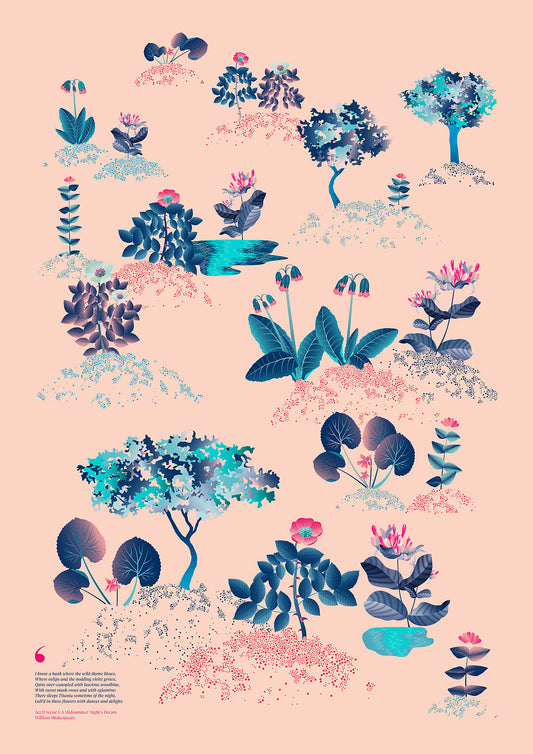 Floral art print 'Midsummer Forest' with ruby red, turquoise, and blue hues, inspired by Shakespeare's woodland - Print Only.