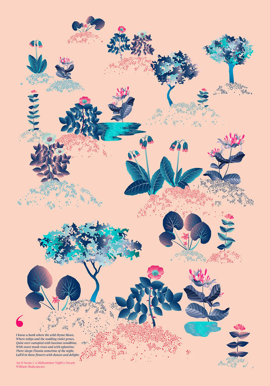 Floral art print 'Midsummer Forest' with ruby red, turquoise, and blue hues, inspired by Shakespeare's woodland - Print Only.