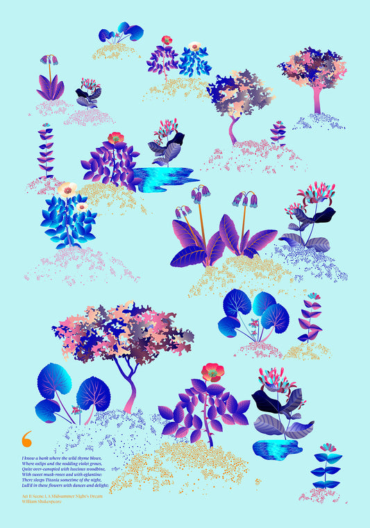 Floral art print 'Midsummer Forest' with electric blue, day-glow, and buttercup hues, inspired by Shakespeare's woodland - Print Only.