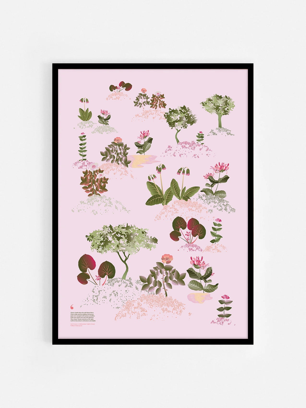 Floral art print 'Midsummer Forest' with olive, pink, and pomegranate hues, inspired by Shakespeare's woodland - Black Frame.