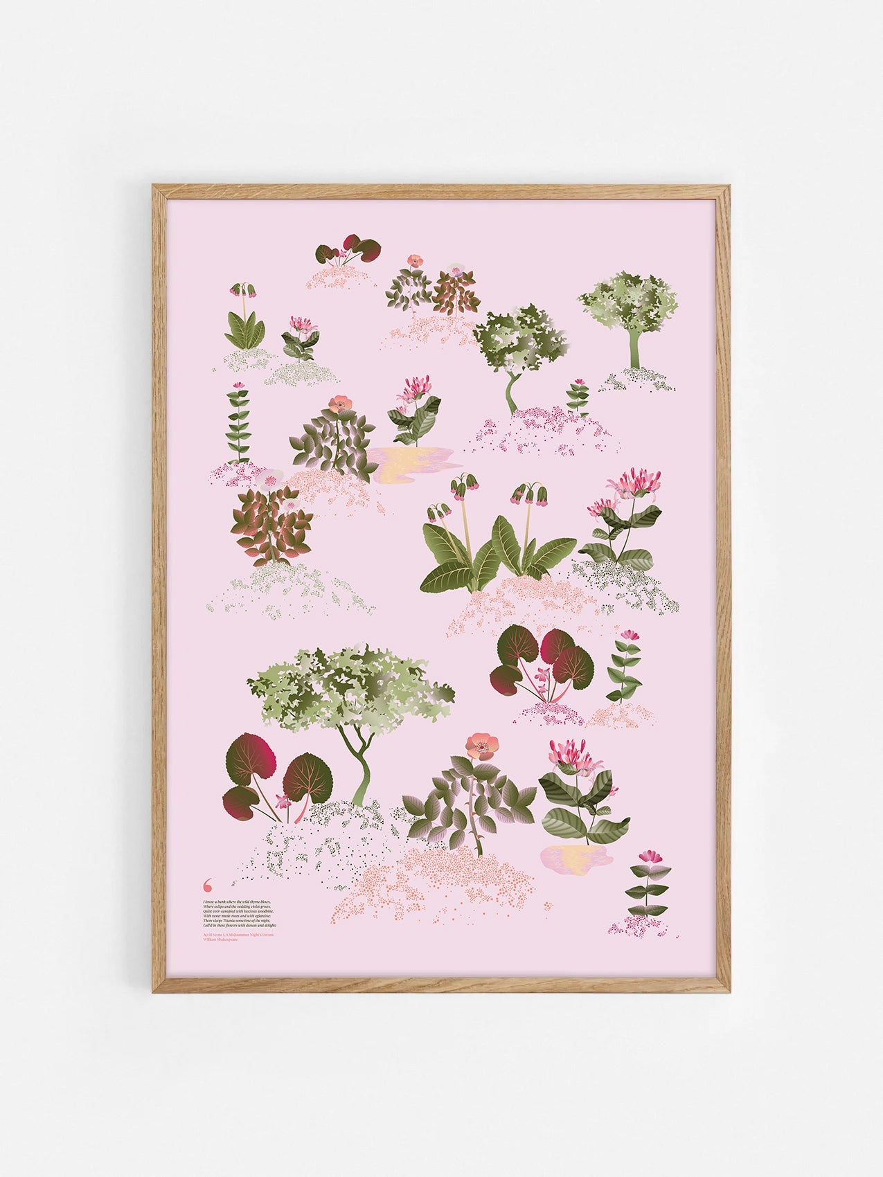 Floral art print 'Midsummer Forest' with olive, pink, and pomegranate hues, inspired by Shakespeare's woodland - Oak Frame.
