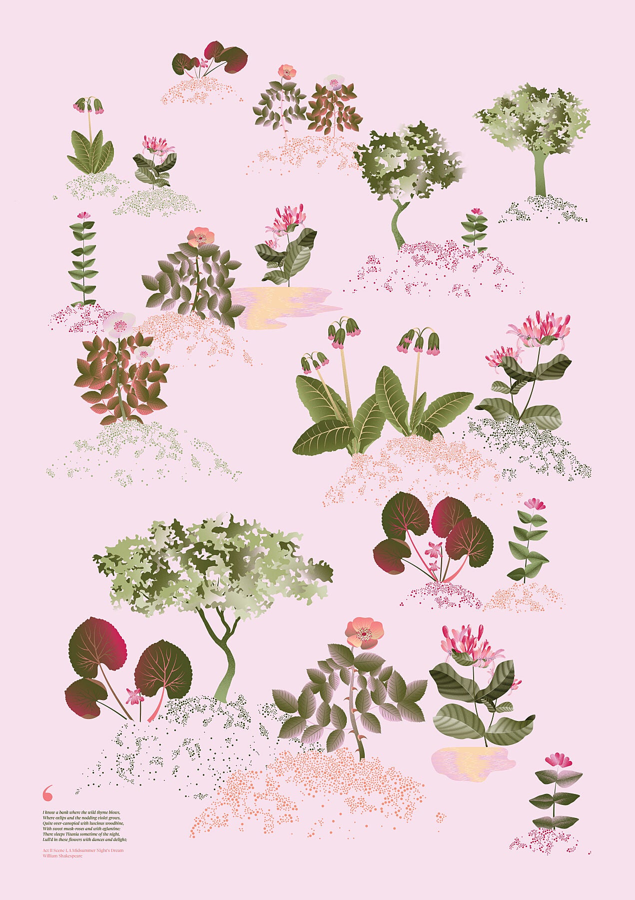 Floral art print 'Midsummer Forest' with olive, pink, and pomegranate hues, inspired by Shakespeare's woodland - Print Only.