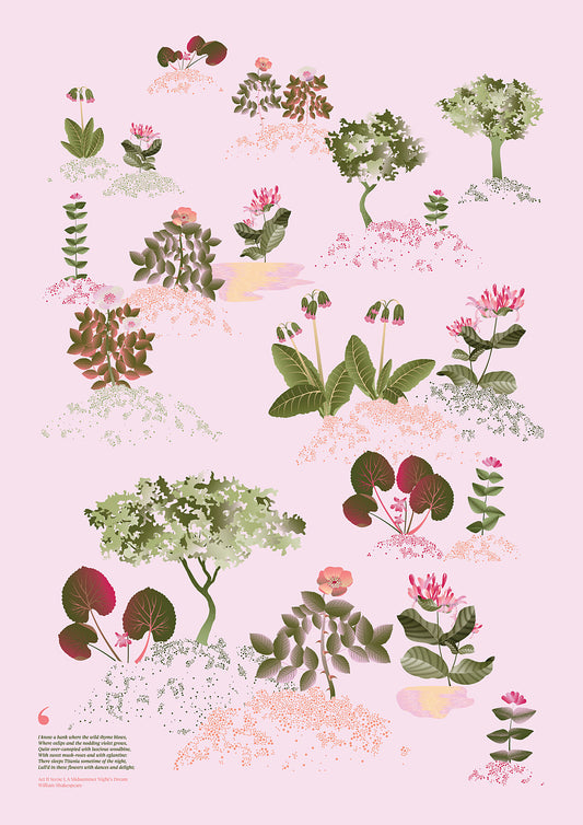 Floral art print 'Midsummer Forest' with olive, pink, and pomegranate hues, inspired by Shakespeare's woodland - Print Only.