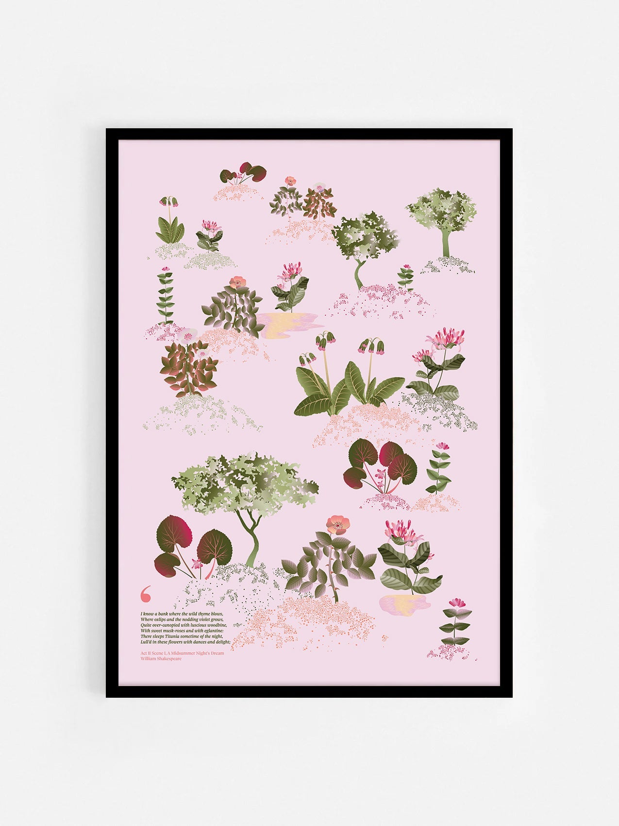 Floral art print 'Midsummer Forest' with olive, pink, and pomegranate hues, inspired by Shakespeare's woodland - Black Frame.