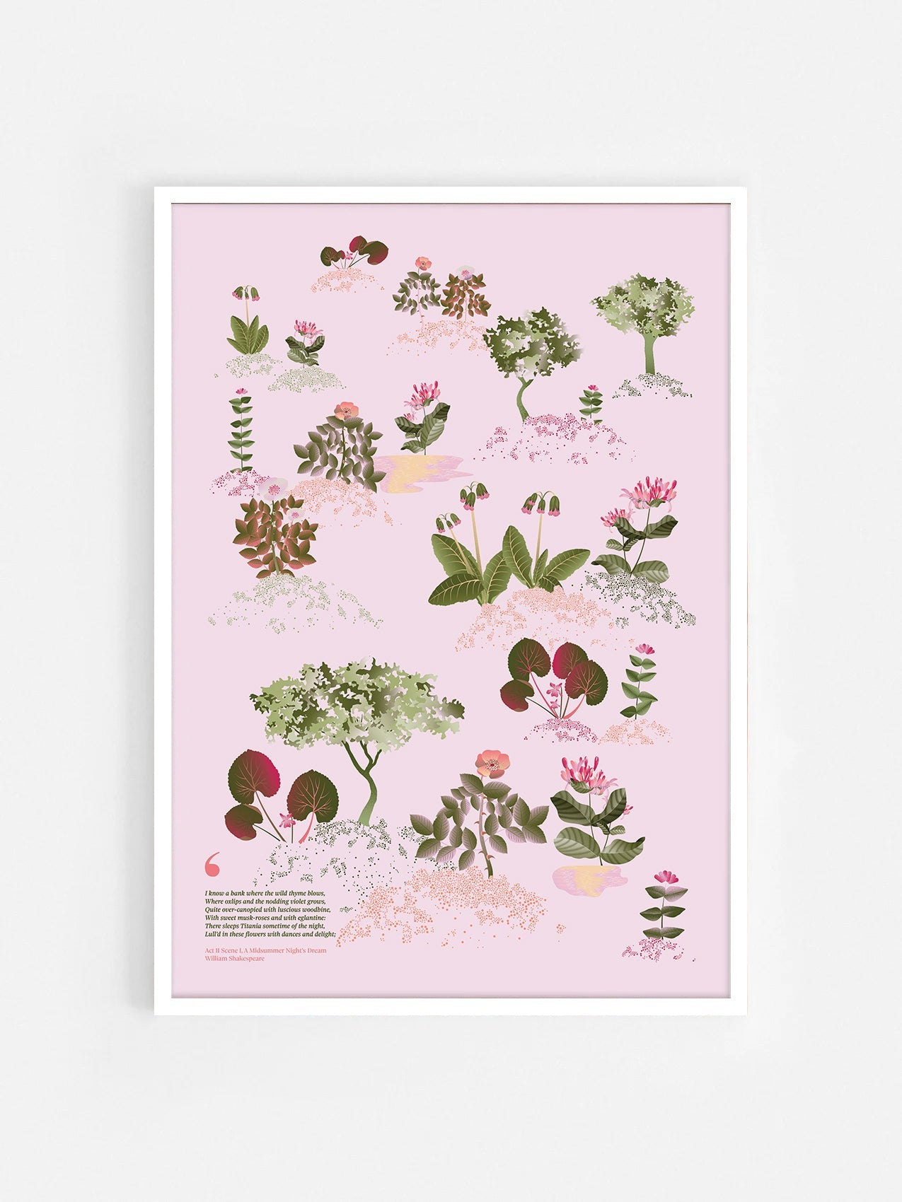 Floral art print 'Midsummer Forest' with olive, pink, and pomegranate hues, inspired by Shakespeare's woodland - White Frame.