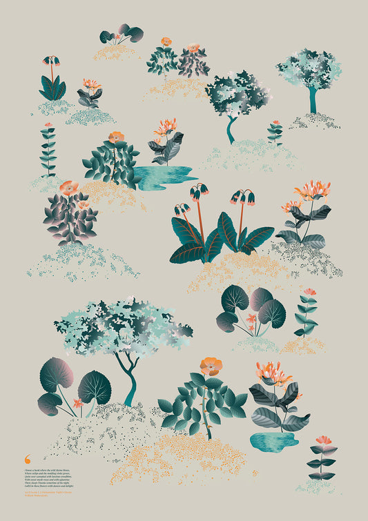 Floral art print 'Midsummer Forest' with teal, mandarin, and orange hues, inspired by Shakespeare's woodland - Print Only.