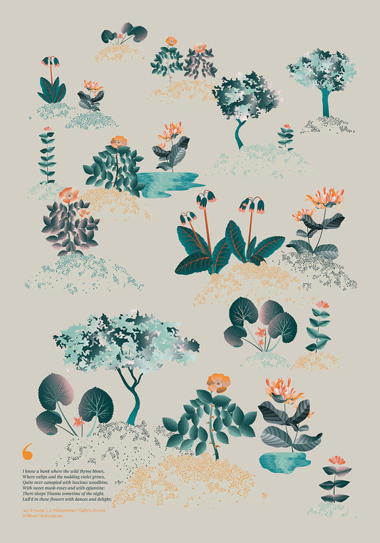 Floral art print 'Midsummer Forest' with teal, mandarin, and orange hues, inspired by Shakespeare's woodland - Print Only.