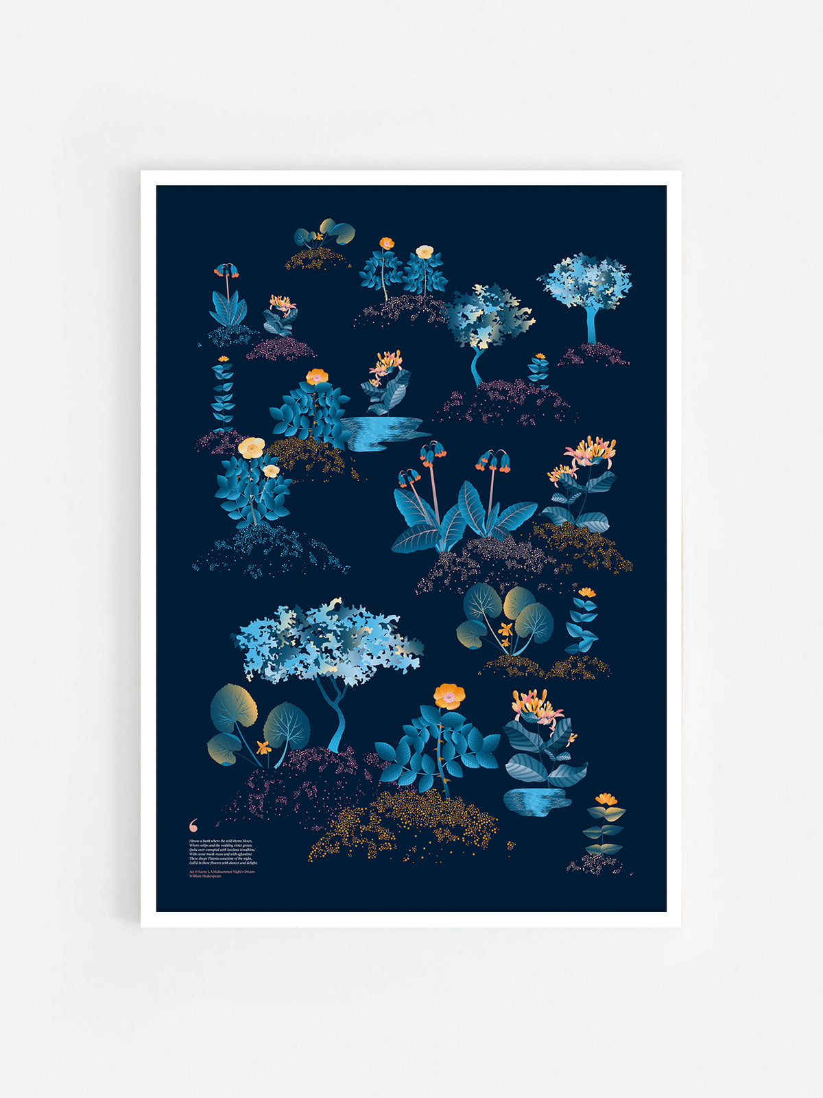 Floral art print 'Midsummer Forest' with blue, orange, and golden hues, inspired by Shakespeare's woodland - White Frame.