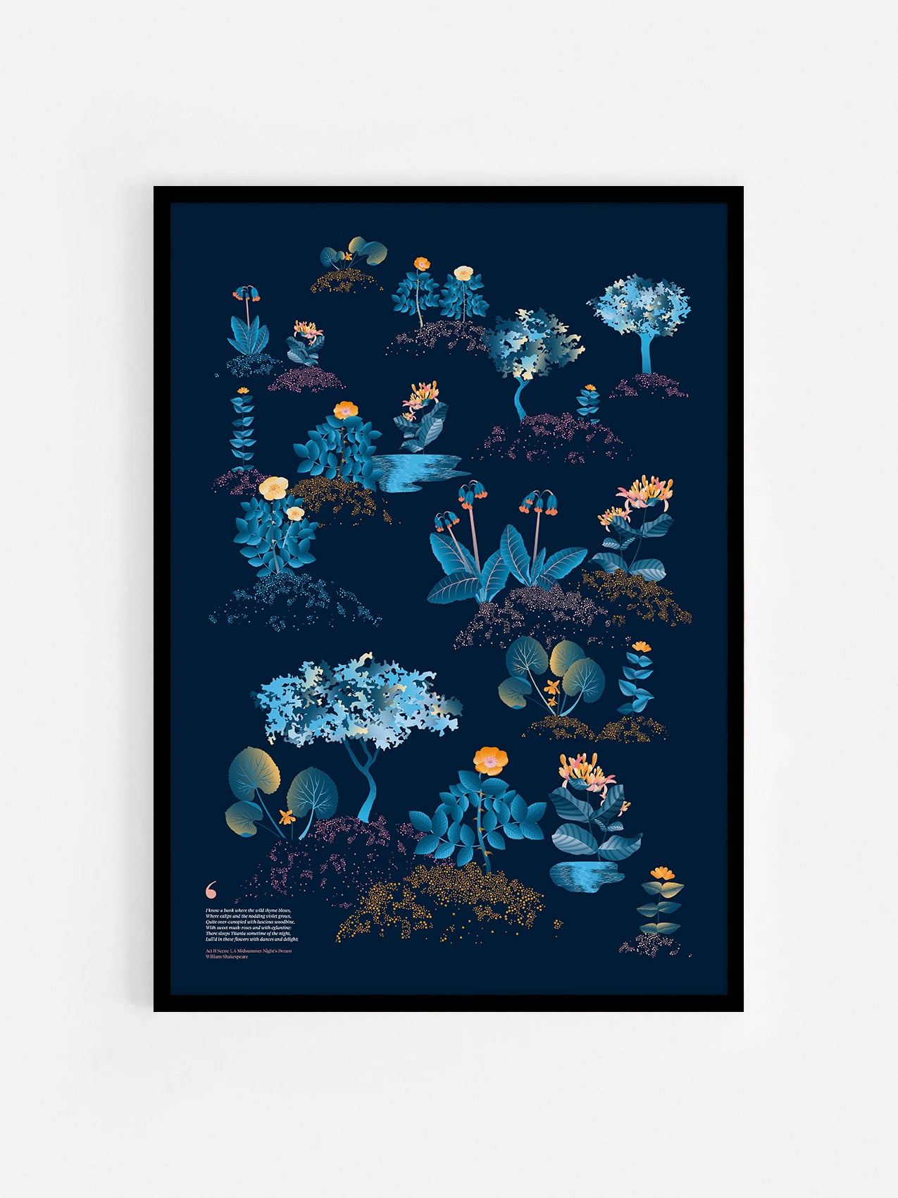 Floral art print 'Midsummer Forest' with blue, orange, and golden hues, inspired by Shakespeare's woodland - Black Frame.