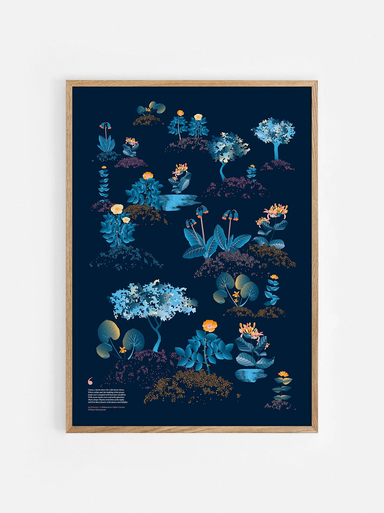 Floral art print 'Midsummer Forest' with blue, orange, and golden hues, inspired by Shakespeare's woodland - Oak Frame.