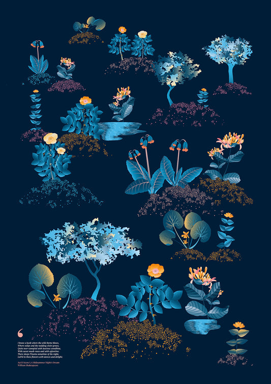 Floral art print 'Midsummer Forest' with blue, orange, and golden hues, inspired by Shakespeare's woodland - Print Only.