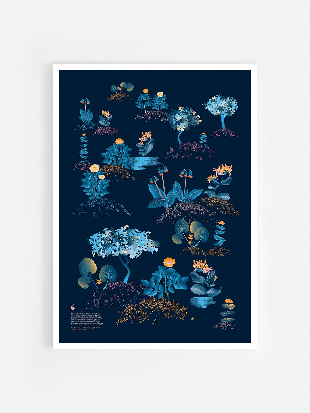 Floral art print 'Midsummer Forest' with blue, orange, and golden hues, inspired by Shakespeare's woodland - White Frame.