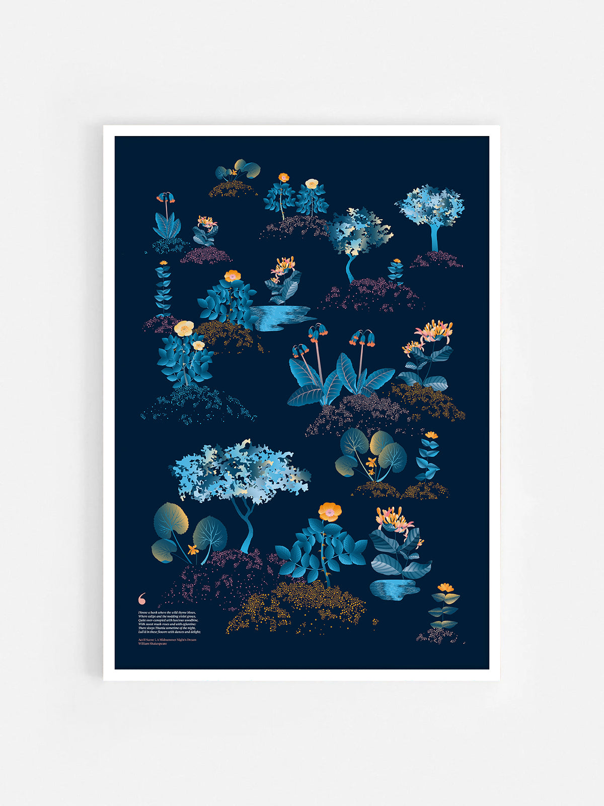 Floral art print 'Midsummer Forest' with blue, orange, and golden hues, inspired by Shakespeare's woodland - White Frame.