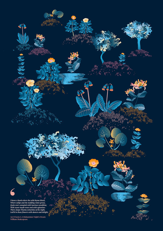 Floral art print 'Midsummer Forest' with blue, orange, and golden hues, inspired by Shakespeare's woodland - Print Only.