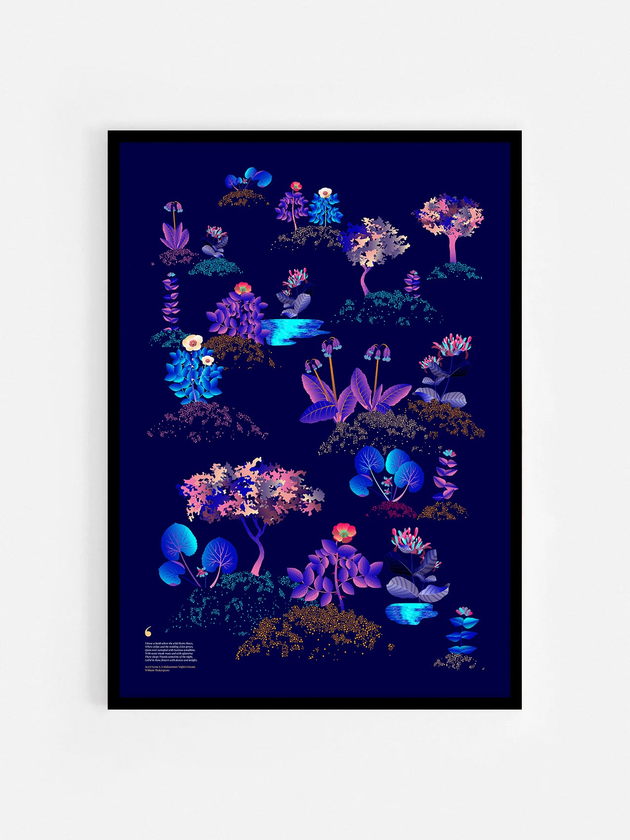 Floral art print 'Midsummer Forest' with electric blue, day-glow, and buttercup hues, inspired by Shakespeare's woodland - Black Frame.
