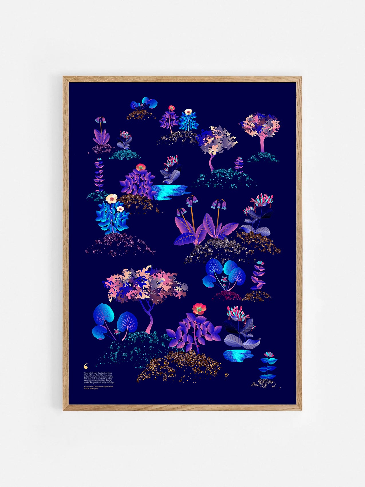 Floral art print 'Midsummer Forest' with electric blue, day-glow, and buttercup hues, inspired by Shakespeare's woodland - Oak Frame.