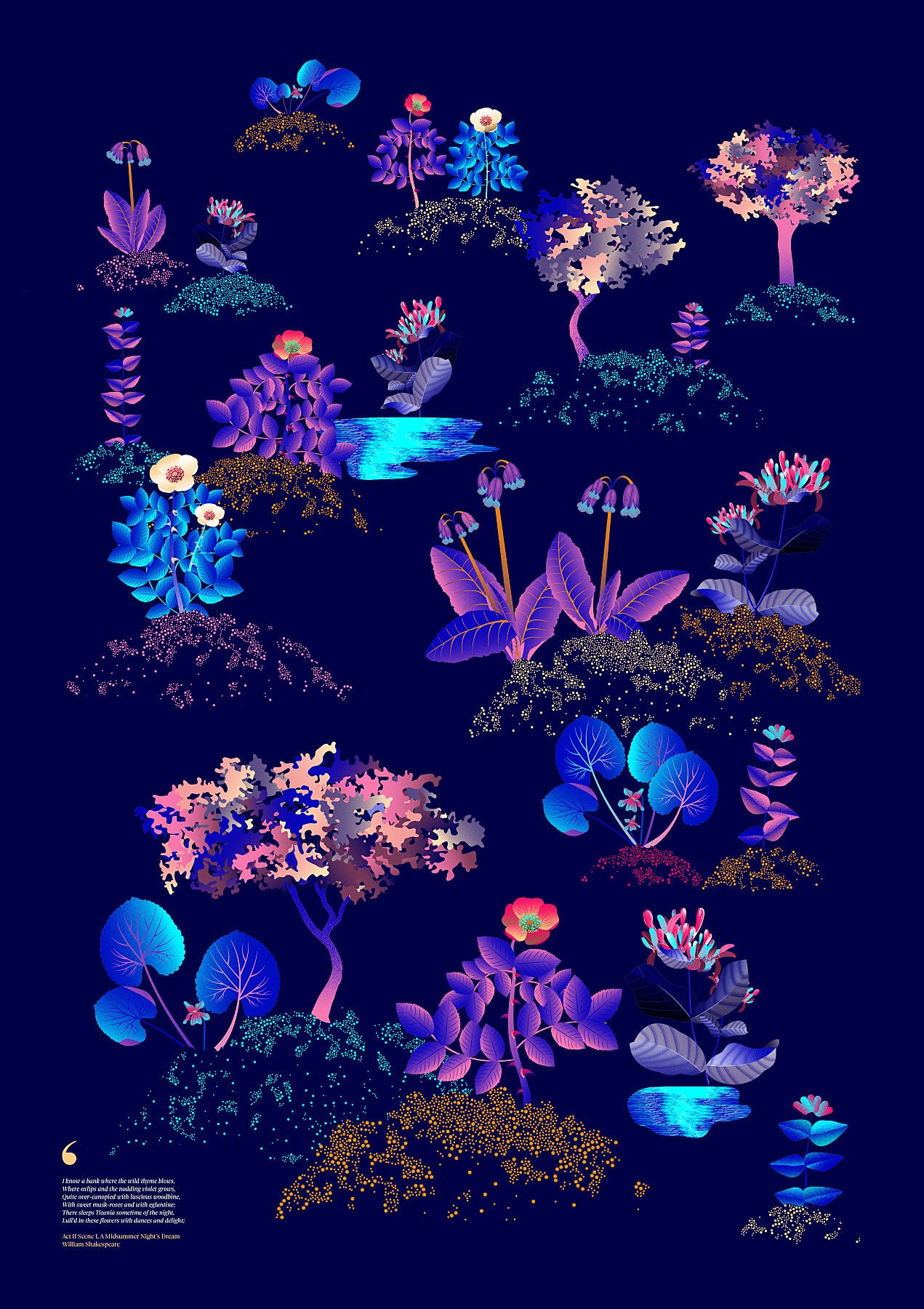 Floral art print 'Midsummer Forest' with electric blue, day-glow, and buttercup hues, inspired by Shakespeare's woodland - Print Only.