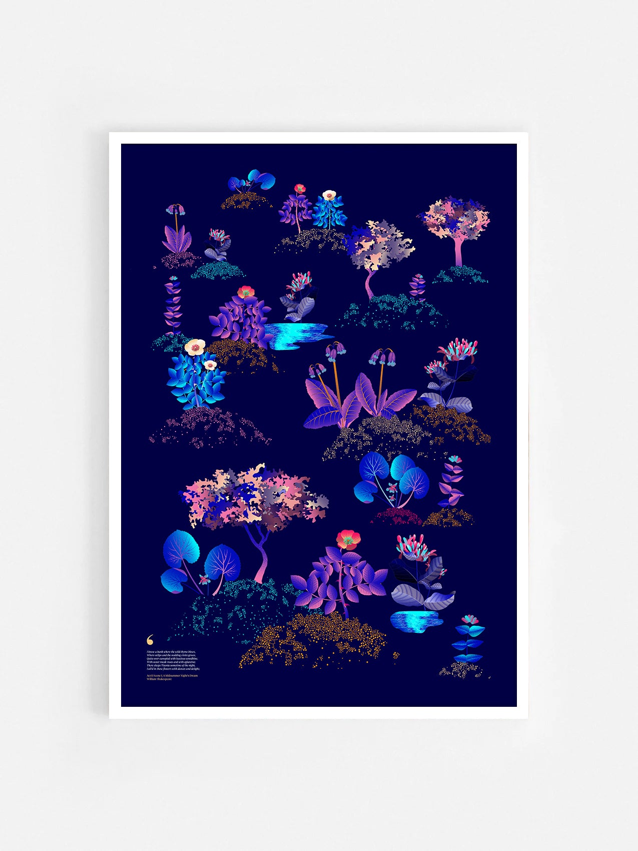 Floral art print 'Midsummer Forest' with electric blue, day-glow, and buttercup hues, inspired by Shakespeare's woodland - White Frame.