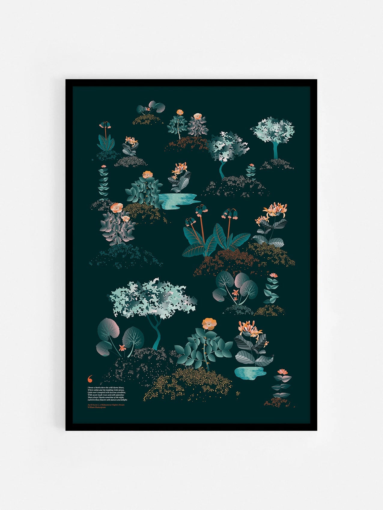 Floral art print 'Midsummer Forest' with teal, mandarin, and orange hues, inspired by Shakespeare's woodland - Black Frame.