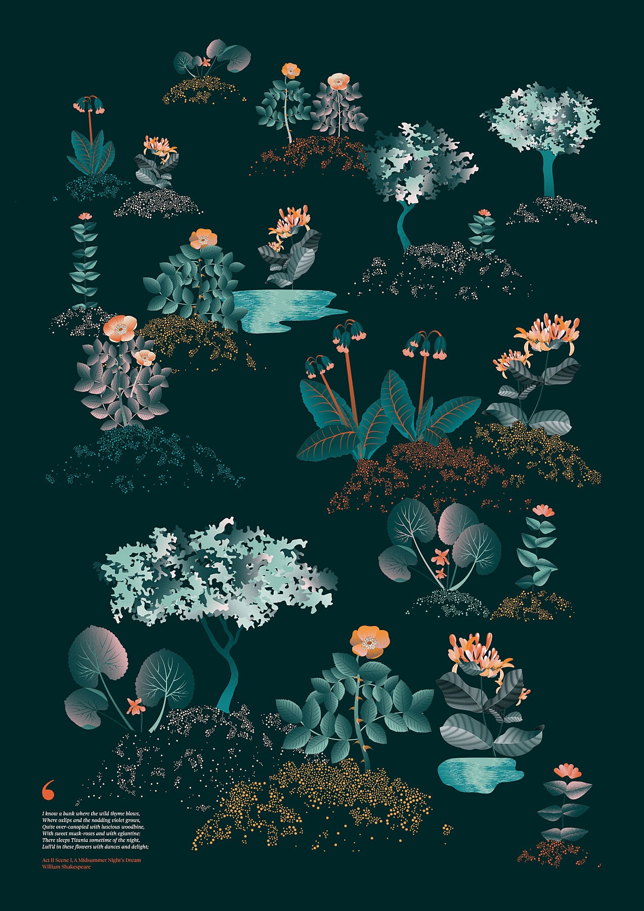 Floral art print 'Midsummer Forest' with teal, mandarin, and orange hues, inspired by Shakespeare's woodland - Print Only.