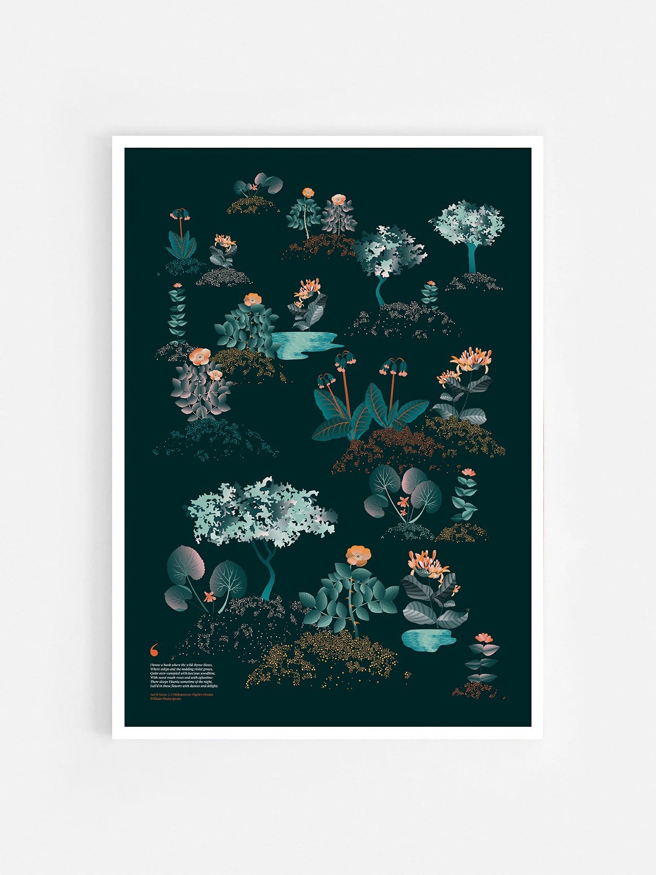 Floral art print 'Midsummer Forest' with teal, mandarin, and orange hues, inspired by Shakespeare's woodland - White Frame.