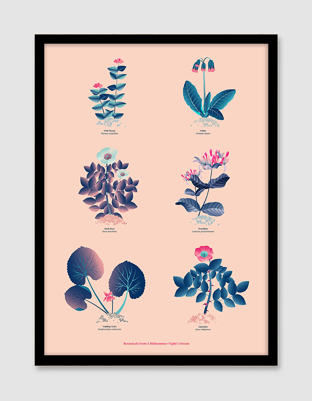 Floral art print 'The Forest's Flora' with ruby red, turquoise, and blue hues, inspired by Shakespeare's woodland - Black Frame.