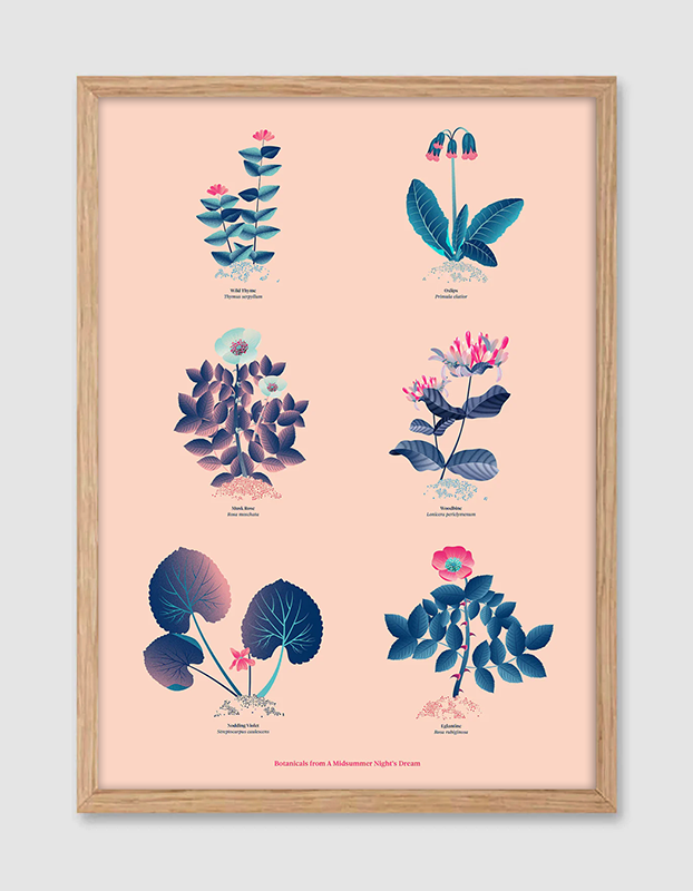 Floral art print 'The Forest's Flora' with ruby red, turquoise, and blue hues, inspired by Shakespeare's woodland - Oak Frame.